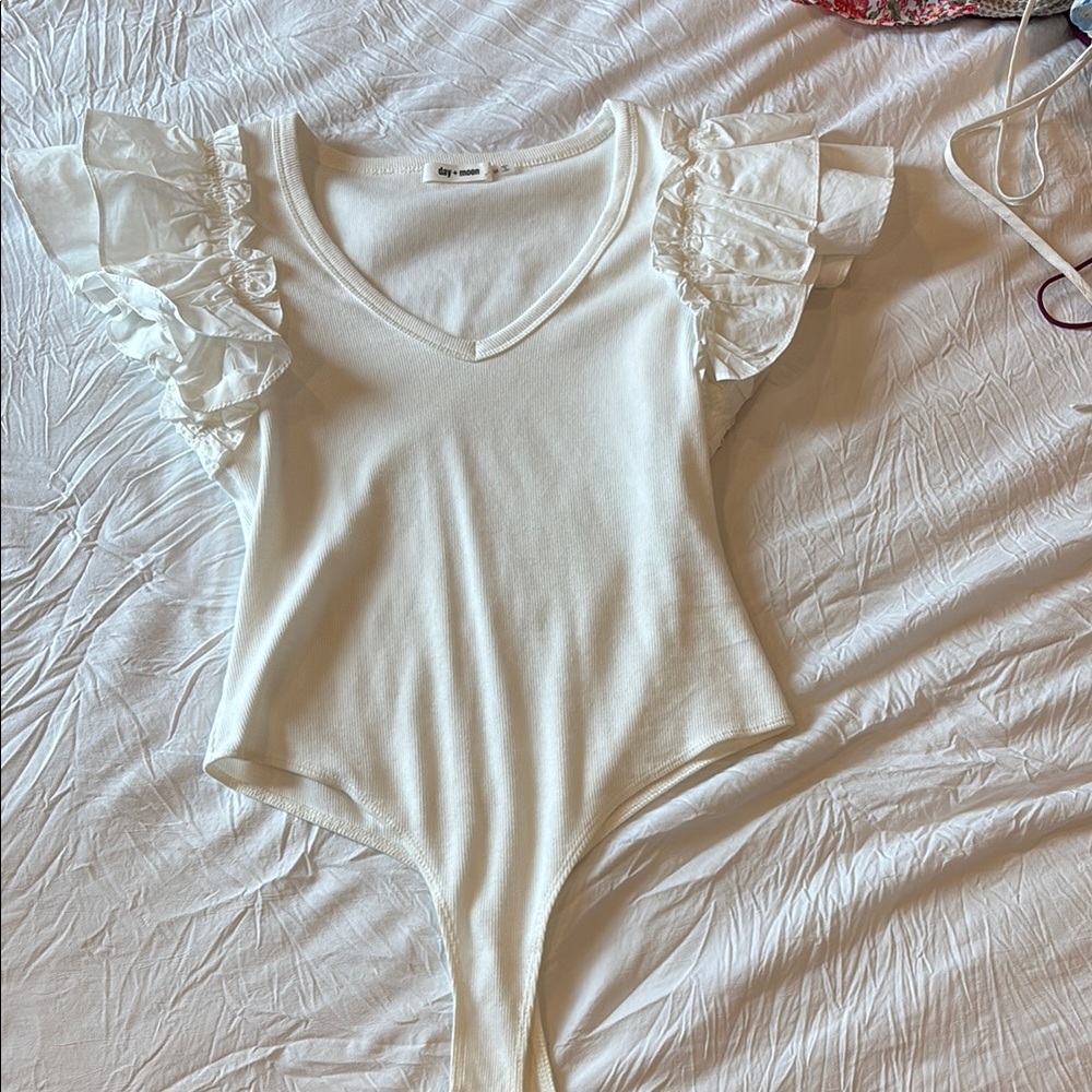 Boutique White Ruffle Sleeve Bodysuit